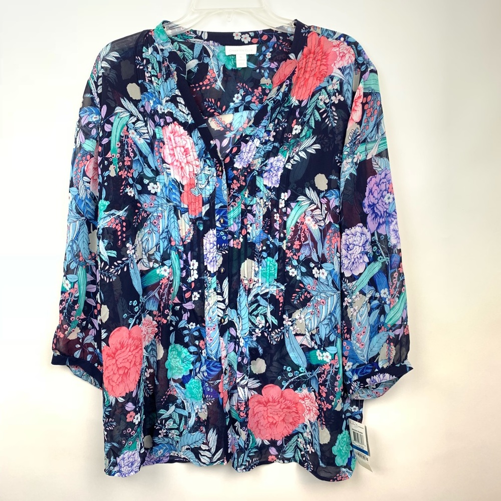 Charter Club XL Top Blue Floral Semi Sheer
